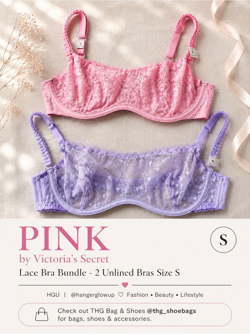 PINK Victoria’s Secret Lace Bra Bundle 2 Unlined Bras Size S NWT